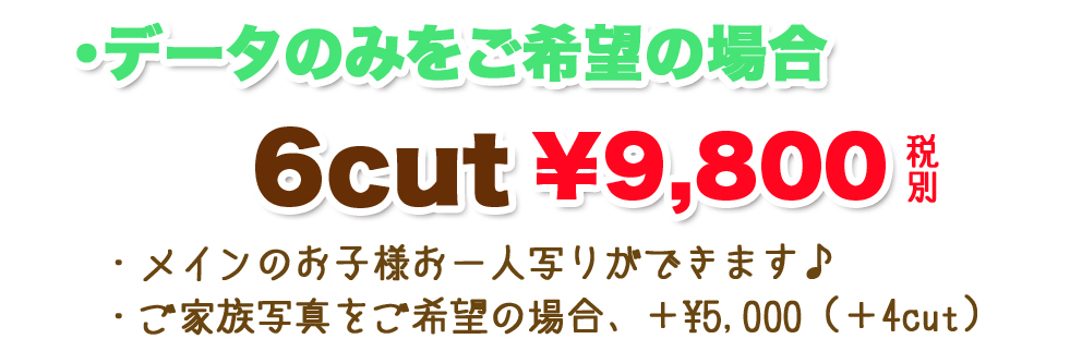 データのみ,6cut,¥9,800,お子様お一人写り,ご家族写真,+¥5,000,+4cut データのみ,6cut,¥9,800,お子様お一人写り,ご家族写真,+¥5,000,+4cut