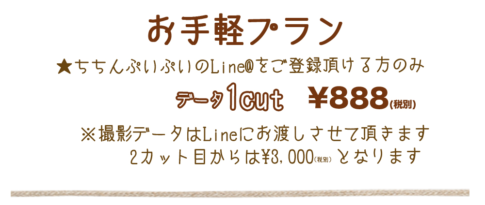 お手軽プラン,LINE@,データ,1cut,¥888,撮影データ,LINE,2カット目から,¥3,000 お手軽プラン,LINE@,データ,1cut,¥888,撮影データ,LINE,2カット目から,¥3,000